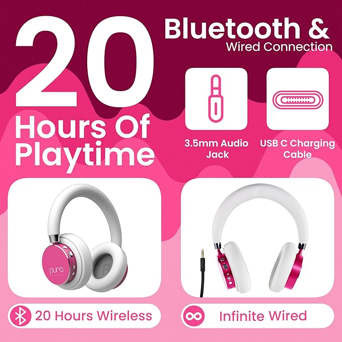 Puro Sound Labs Kids Wireless Headphones – Volume-Limiting 85dB, Built-In Mic, Studio-Grade Sound, 20-Hour Battery Life, Comfortable Fit & Easy to Connect Kids Bluetooth Headphones – BT2200 Plus, Pink