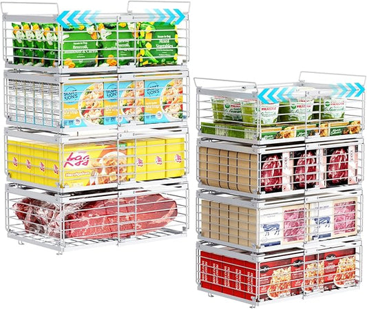 iSPECLE Freezer Organizer Bins - Fit 10 to 20 Cu.FT Deep Freezer, 8 Pack Large Expandable Stackable Chest Freezer Organizer Sort Frozen Food Easy to Get Food from Bottom without Digging, White