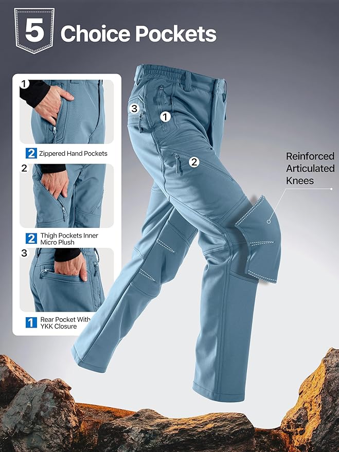 FREE SOLDIER Men's Fleece Lined Outdoor Cargo Hiking Pants Water Repellent Softshell Snow Ski Pants with Zipper Pockets