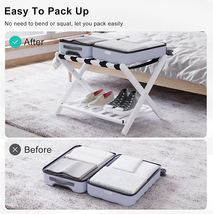 Smuxee Fully Assembled White Luggage Rack, Upgraded Bamboo Foldable Suitcase Stand with 5 Nylon Straps, Luggage Holder with Shelf for Guest Room Bedroom Hotel (White Luggage Rack 1pcs)