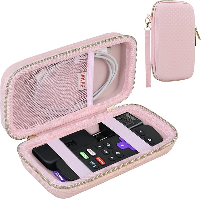 BOVKE Hard Case for Roku Voice Remote Controller, Roku Streaming Stick+ / 4K, Roku Remote Case for Roku TV Steaming Stick 3820R/ 3821R/3941R, Extra Mesh Pocket for Adapters, Cables, Pink Star