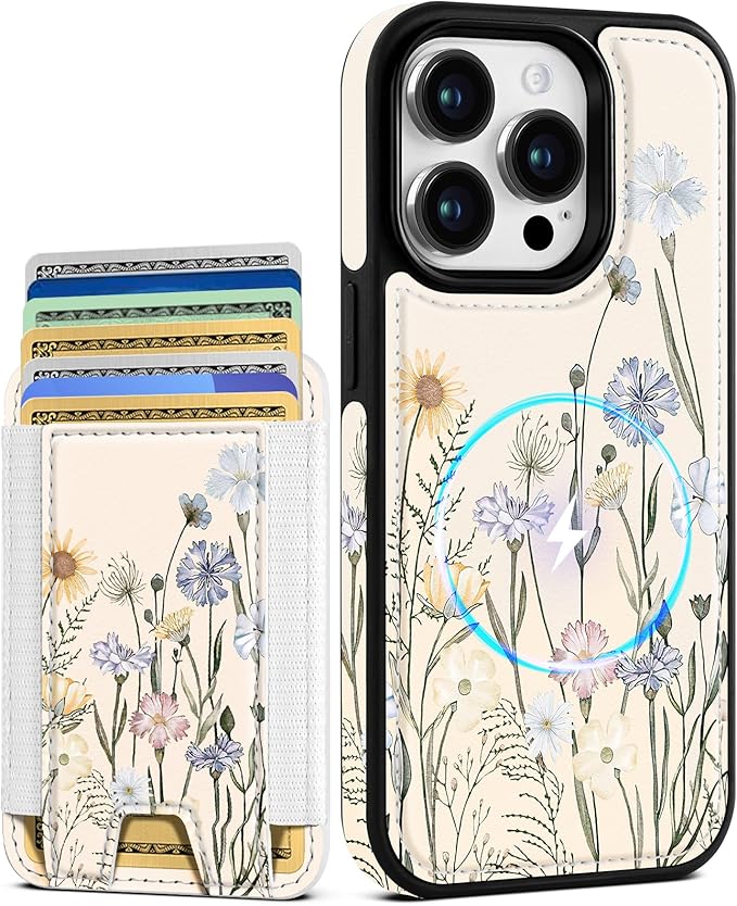 Shorogyt for iPhone 12/12 Pro Wallet Case - Fits 5 Cards, Compatible with Magsafe Magnetic Credit Card Holder Leather Cardholder Cute Phone Cover Women Girls for Apple 12/12Pro, Color Flower