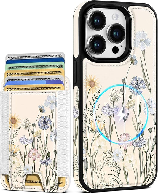 Shorogyt for iPhone 15 Pro Wallet Case - Fits 5 Cards, Compatible with Magsafe Detachable Magnetic Credit Card Holder Leather Cardholder Cute Phone Cover Women Girls for Apple 15Pro, Color Flower