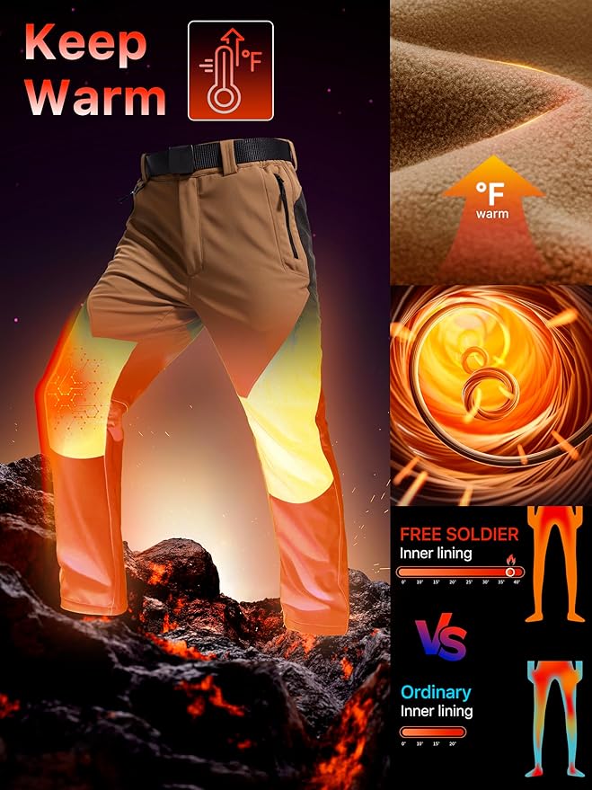 FREE SOLDIER Men's Fleece Lined Outdoor Cargo Hiking Pants Water Repellent Softshell Snow Ski Pants with Zipper Pockets