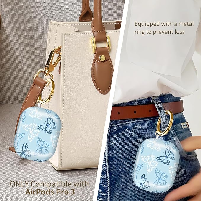 AirPod Pro 3 (2025) Case Cover for Women, Cute Shockproof TPU Protective Case with Gold Round Buckle, Anti-Drop Design Cute Blue Butterflies