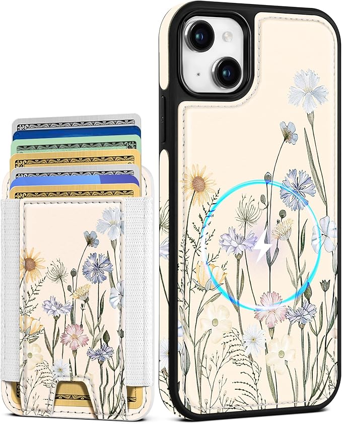 Shorogyt for iPhone 14 Plus Wallet Case - Fits 5 Cards, Compatible with Magsafe Detachable Magnetic Credit Card Holder Leather Cardholder Cute Phone Cover Women Girls for Apple 14Plus, Color Flower