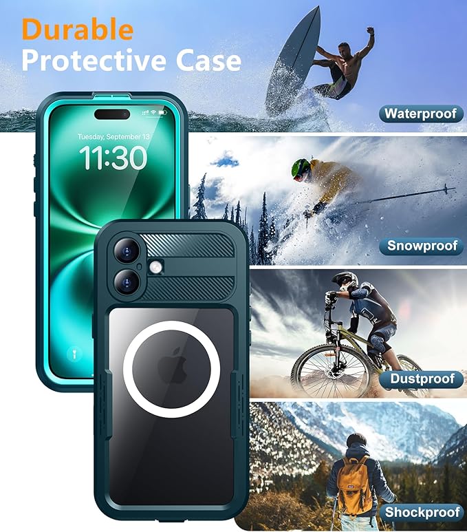 Red2Fire Magnetic for iPhone 16 Case Waterproof, [Built-in Screen Protector][Compatible with MagSafe] [Full Body Shockproof] [Dustproof] Heavy Duty Rugged Phone Cover 6.1" Blue