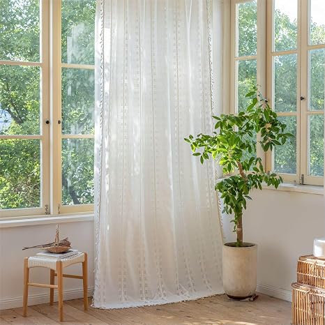 Sutuo Home White Boho Curtains 84 inches Long for Bedroom Living Room,Light Filtering Cream Farmhouse Hollow Vintage Chic Tassels Window Treatment Bohemian Privacy Rod Pocket 1 Panel 52" W x 84" L