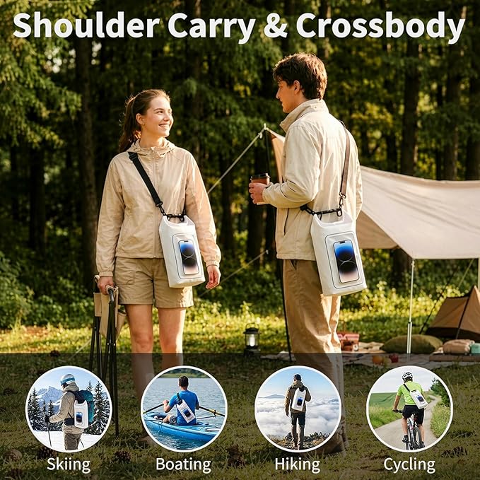 Waterproof Dry Bag 2L, IPX8 Roll Top Waterproof Belt Bag with Clear Phone Window, Phone Pouch Water Protector, Boat & Kayak Accessories, Essentials for Cruise Camp Swim Beach Fish Travel (White)