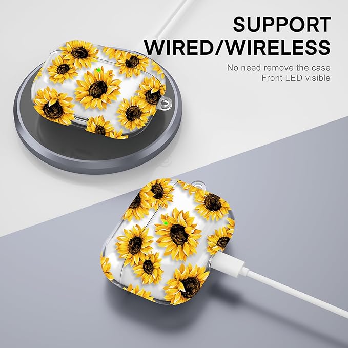 Maxjoy for AirPods Pro 3rd Generation Case, Clear Flower AirPods Pro 3 Case for Women Girly Cute Soft AirPod Pro 3 Cover with Keychain Strap for AirPod Pro 3rd Gen Cover 2025, Sunflower