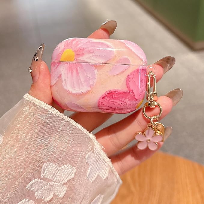 for AirPod Pro 3 Case 2025 Cute Aesthetic Flower for Women Girls Soft TPU Protective Cover with Keychain Compatible for AirPods Pro 3rd Generation (Pink IMD Floral)