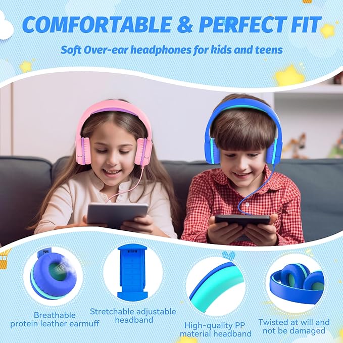 V1 Kids Headphones, Wired Stereo Foldable Tangle-Free 3.5mm Adjustable On-Ear Headphones for Kids for School/Toddlers/Childrens/Teens/Boys/Girls/Ipad/Tablet/Kindle/Phones/Travel/Plane (Blue-RV)