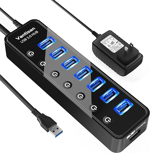 vantisan USB Hub 3.0 Powered, 7 Ports USB Data Hub Splitter with One Smart Charging Port and 5V/4A Powered Adapter and ON/Off Switches for MacBook, Mac Pro/Mini, iMac, Surface Pro Laptop/PC - Image 6