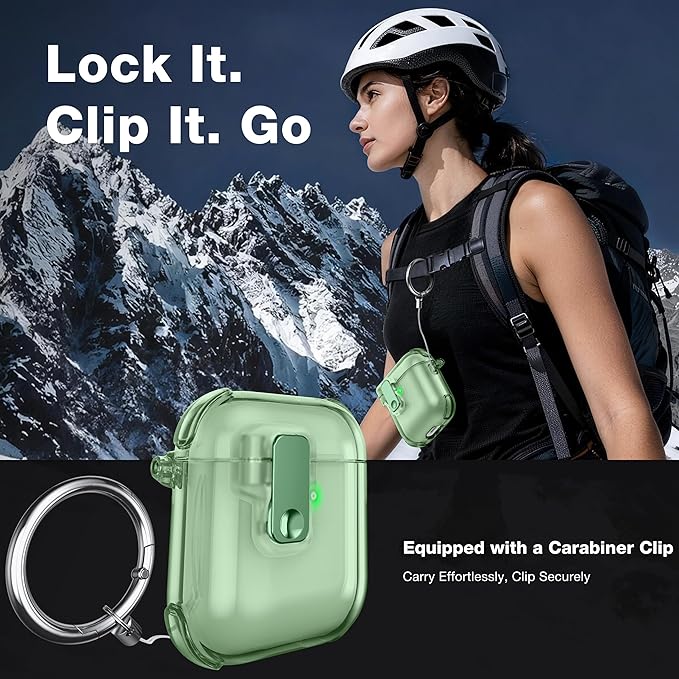 Case for AirPods 1/2 Case Cover with [Lock Safety & Pop Up][Military Shockproof] Anti-Yellow Transparent Soft TPU Wireless Charging for AirPods 1st/2nd Generation Case with Keychain,Clear Green
