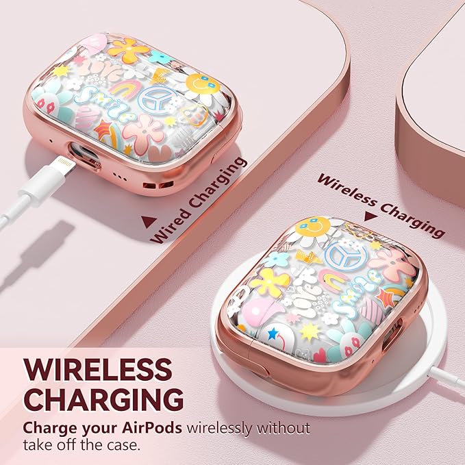 Inesore for AirPods Pro 2nd Generation Case Cover with Lock, Flowers Cute Clear Air Pods Pro 2 Case Hard iPod Pro Cases for Women Girls with Cleaner Kit (2023 USB-C /2022/2019) - Smile Doodle