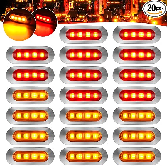 20Pack DC12-24V 3.7 Inch 4 LED Trailer Marker Lights Clearance Light Front Rear Side Indicators Lamp with Chrome Bezel Universal for Truck RV Camper Van Caravan Boat - Amber & Red