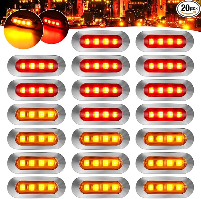 20Pack DC12-24V 3.7 Inch 4 LED Trailer Marker Lights Clearance Light Front Rear Side Indicators Lamp with Chrome Bezel Universal for Truck RV Camper Van Caravan Boat - Amber & Red