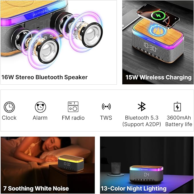 S300 16W Stereo Bluetooth Speaker with 15W Fast Wireless Charging, 13-Color Night Light, Alarm, White Noise, FM Radio, Portable, TWS, BT5.3, for PC, Smartphone, Home, Office & Bedroom (Wood)