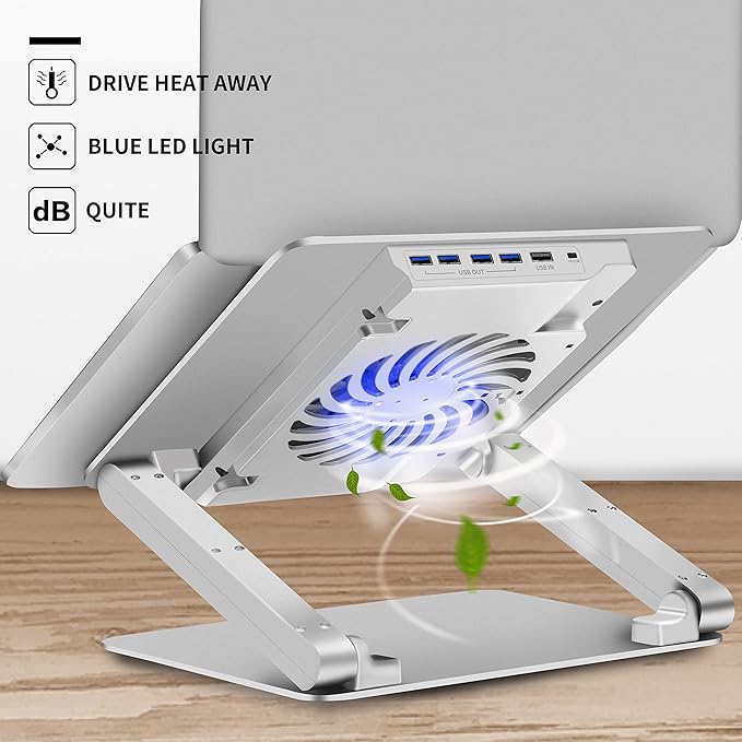 SOUNDANCE Laptop Cooling Pad – Silver, Adjustable Aluminum Stand with 140mm Fan, 4 USB 3.0 Hubs & Ergonomic Design for 10-17" Laptops