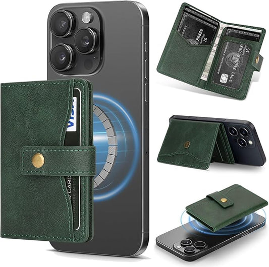 Ultra-Thin Magnetic Wallet Card Holder for iPhone and All MagSafe Protective Cases,Premium PU leather, powerful magnetic closure, stand function, 6 card slots (Green)