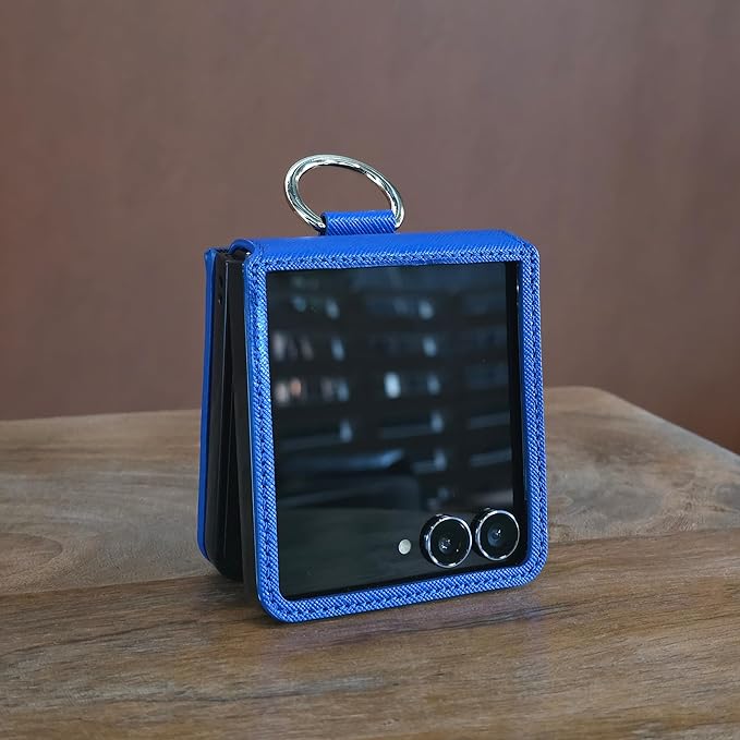 [BeYourSanta] Galaxy Z Flip 7 Case with Ring - Avant-Garde Handmade Saffiano Vegan Leather Case, Anti-Scratch Hinge Protection, Made in Korea (1 Pocket, Blue)