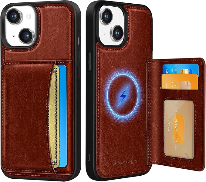 for iPhone 15 Case with Wallet - Fits 4 Card Slots, Compatible with MagSafe for Women Men Durable PU Leather Credit Card Holder Kickstand Phone Cover for Apple 15, Brown