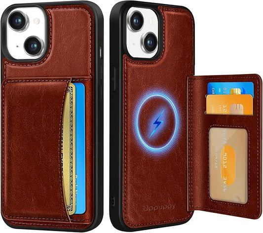 for iPhone 15 Case with Wallet - Fits 4 Card Slots, Compatible with MagSafe for Women Men Durable PU Leather Credit Card Holder Kickstand Phone Cover for Apple 15, Brown