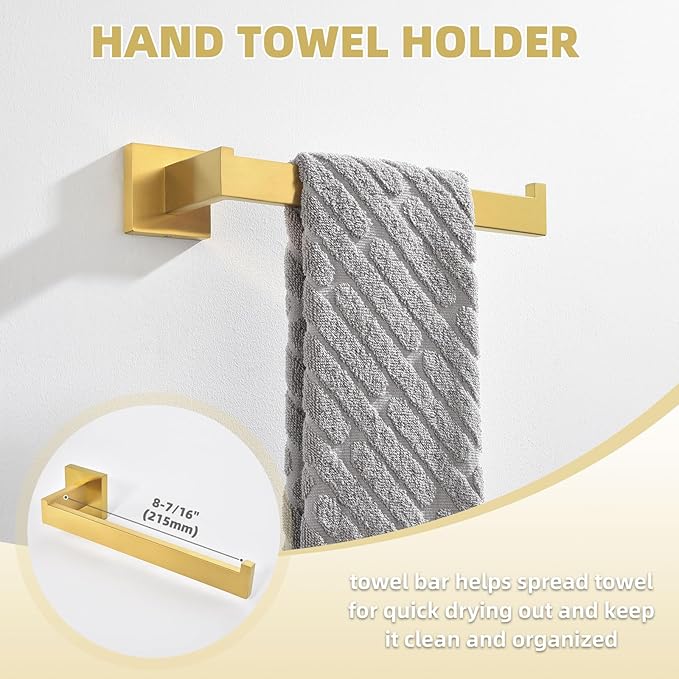 Bathroom Hardware Set 4-Piece, Angle Simple SUS304 Stainless Steel Bath Accessory Kit, Bathroom Fixture Set with Robe Hook, Toilet Paper Holder, Towel Holder and Towel Bar Brassy Gold