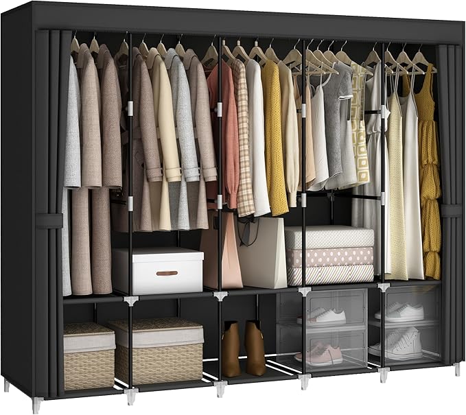 83 Inch Wide Portable Closet Wardrobe, Clothes Storage Rack Organizer with Cover, 5 Clothes Hanging Rods and 10 Storage Shelves, Black