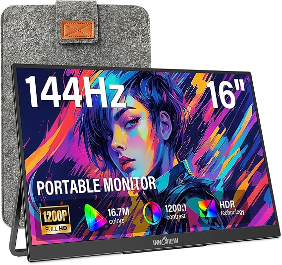 InnoView 16" Portable Monitor 144Hz Portable Gaming Monitor with Protective Sleeve, 1200P FHD External Monitor, Lightweight, Extra Second Screen for Laptop, PS5, Mac, Xbox (Not Includes Adapter)