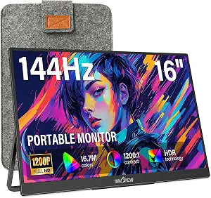 InnoView 16" Portable Monitor 144Hz Portable Gaming Monitor with Protective Sleeve, 1200P FHD External Monitor, Lightweight, Extra Second Screen for Laptop, PS5, Mac, Xbox (Not Includes Adapter)