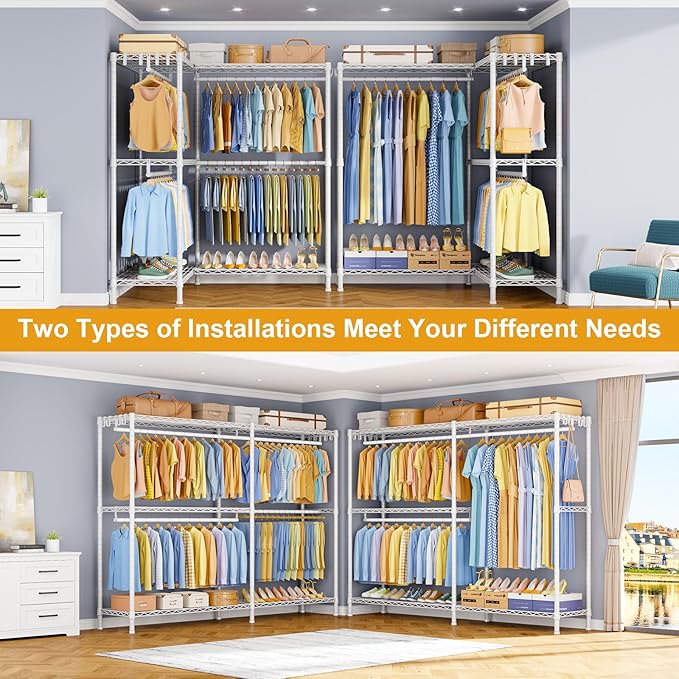 E15 Plus Garment Rack L Shaped Clothes Rack for Corner，Freestanding Clothing Racks for Hanging Clothes，Heavy Duty Closet System with 4 Hanging Rods & 8 S Hooks，48.5" W x 35" D x 78.4" H，White