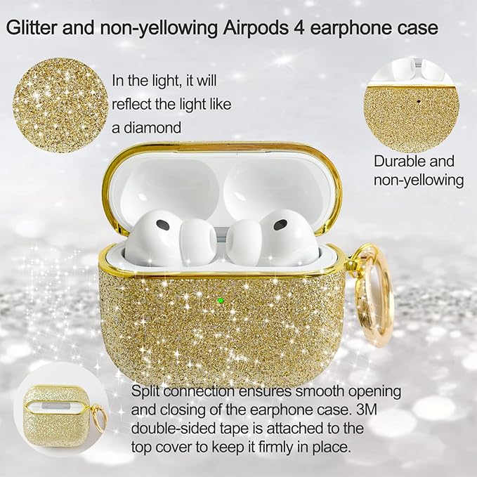 for Cute Glitter AirPods 4 Case for Women| Bling Hard Airpod iPods 4 Cases | with Keychain | Sparkly Rhinestone Air Pods 4 Generation Case for Women Girl- Model A3058/A3059(Gold)