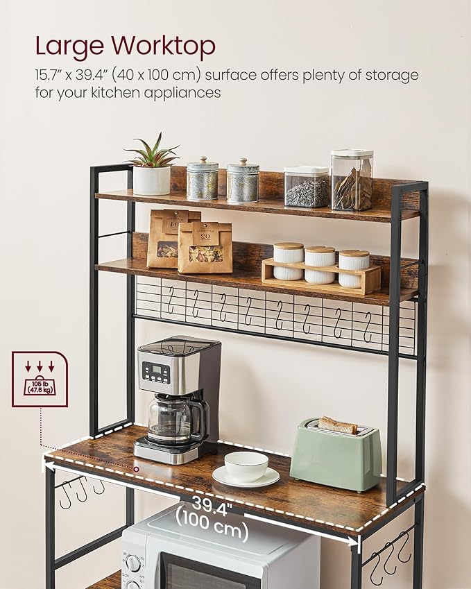 VASAGLE Bakers Rack with Power Outlet, Microwave Stand, Kitchen Tall Utility Storage Shelf, with Metal Wire Panel, 14 Hooks, 15.7 x 39.4 x 66.9 Inches, Rustic Brown and Ink Black UKKS038B01