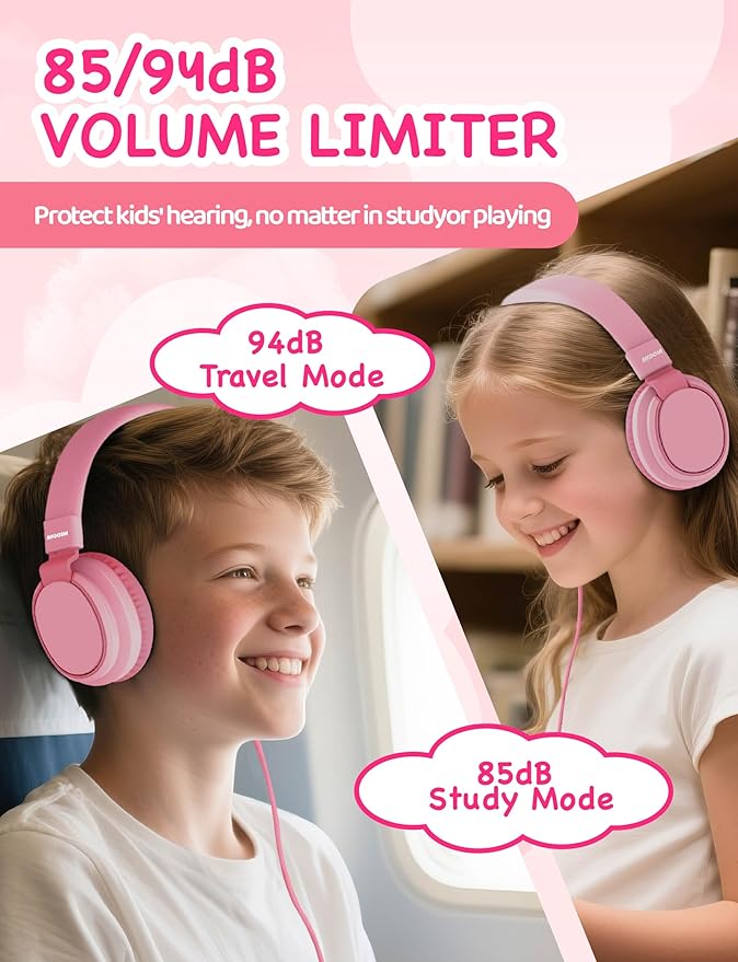 MIDOLA Kids Headphone Wired Volume Limited 85/94dB Over-Ear/On-Ear Foldable Headset with Microphone Hearing Protection Headphones for Toddler Boy Girl Child School Learning Pad Tablet Pink