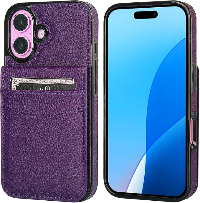 KIHUWEY Compatible with iPhone 16 Case Wallet with Credit Card Holder, Flip Premium Leather Magnetic Clasp Kickstand Heavy Duty Protective Cover for iPhone 16 6.1 Inch (Lichee Dark Purple)