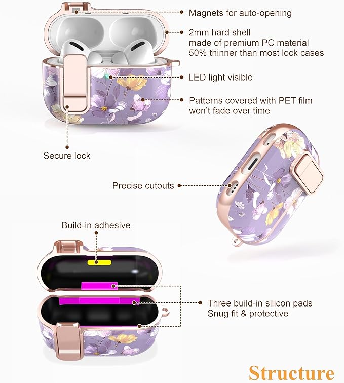 TATOFY for AirPods Pro 2nd Generation Case with Lock Carabiner Cleaner, Slim AirPod Pro 1st & 2nd Hard Case Cover, Compatible with MagSafe (Gray Purple)