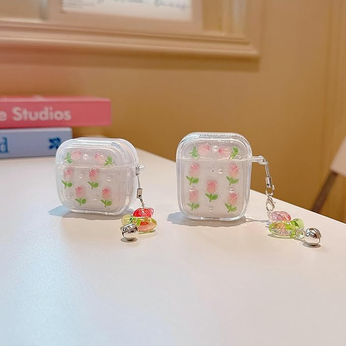 JANDM 3D Tulip for AirPods 1/2 Case with Keychain, Clear Glitter Pink Floral Design, Shockproof Protective Cover for Women Girls with Flower Charm Strap