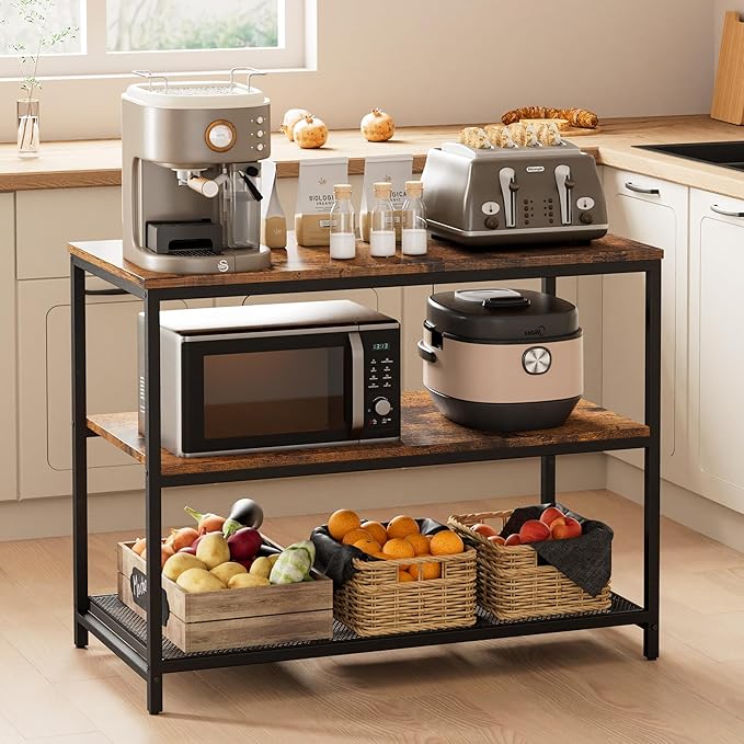 39.4" L Kitchen Island with 3 Shelves, Kitchen Shelf with Large Workstation, Bakers Rack, Workbench, Metal Frame, Rustic Brown and Black