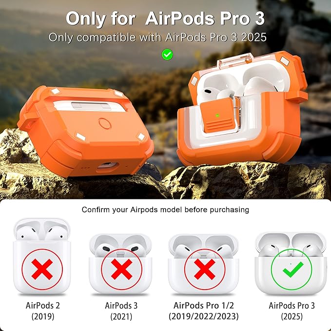 RFUNGUANGO for AirPods Pro 3 Case, Compatible with AirPods Pro 3 Generation Case (2025), Compatible with MagSafe, Magnetic Automatic Lock with Cleaner Kit and Keychain, Front LED Visible, Orange