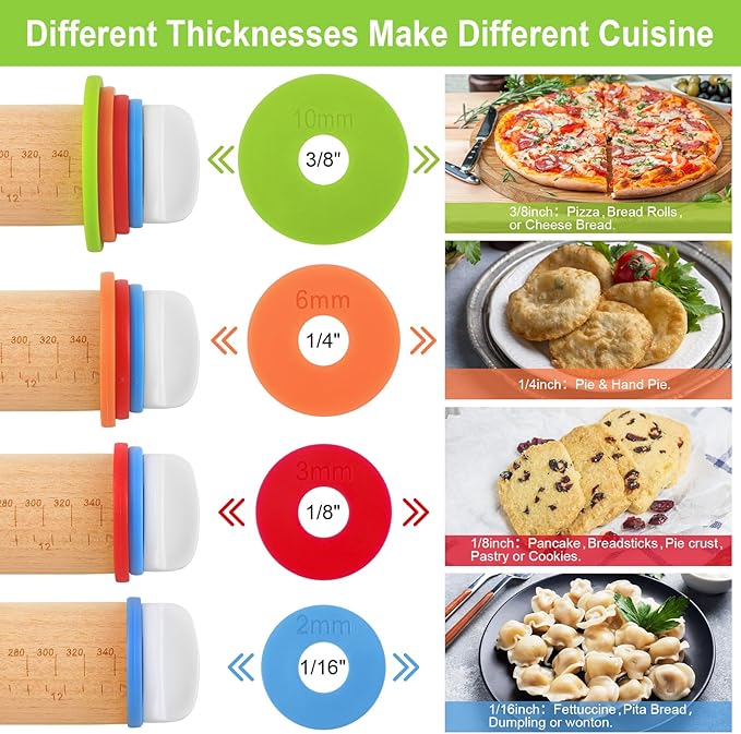 Wood Rolling Pin with Thickness Rings, Adjustable Wooden Rolling Pins for Baking, Adjustable Rolling Pins for Baking, Stainless Steel Rolling Pin with Thickness Rings, Metal Dough Roller for Fondant