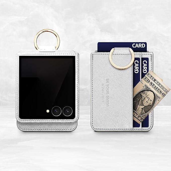 [BeYourSanta] Galaxy Z Flip 7 Case with Ring - Avant-Garde Handmade Saffiano Vegan Leather Case, Anti-Scratch Hinge Protection, Made in Korea (3 Pockets, Light Silver)