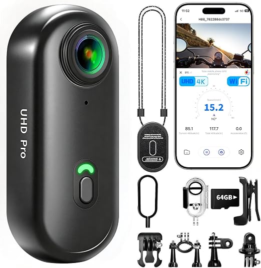 4K Thumb Action Camera with Memory Card Mini Body Camera with WiFi Magnetic Clip Wearable Hands-Free Recording POV Camera, Waterproof case, Mount Anywhere for Sports Vlogging (Dark Black, 128GB)