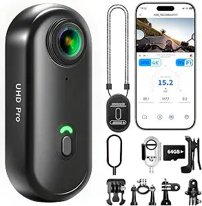 4K Thumb Action Camera with Memory Card Mini Body Camera with WiFi Magnetic Clip Wearable Hands-Free Recording POV Camera, Waterproof case, Mount Anywhere for Sports Vlogging (Dark Black, 128GB)