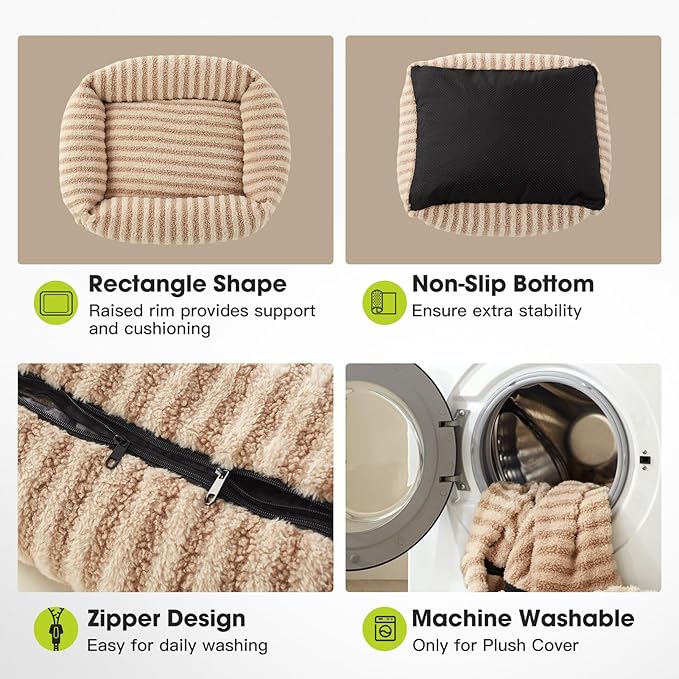 MIXJOY Dog Bed Medium Size Dog, Washable Medium Dogs Bed with Removable Cover, Soft Rectangle Doggy Ded Fluffy Plush Faux Fur Pet Bed with Anti-Slip Bottom, 30"x24"x8", Beige