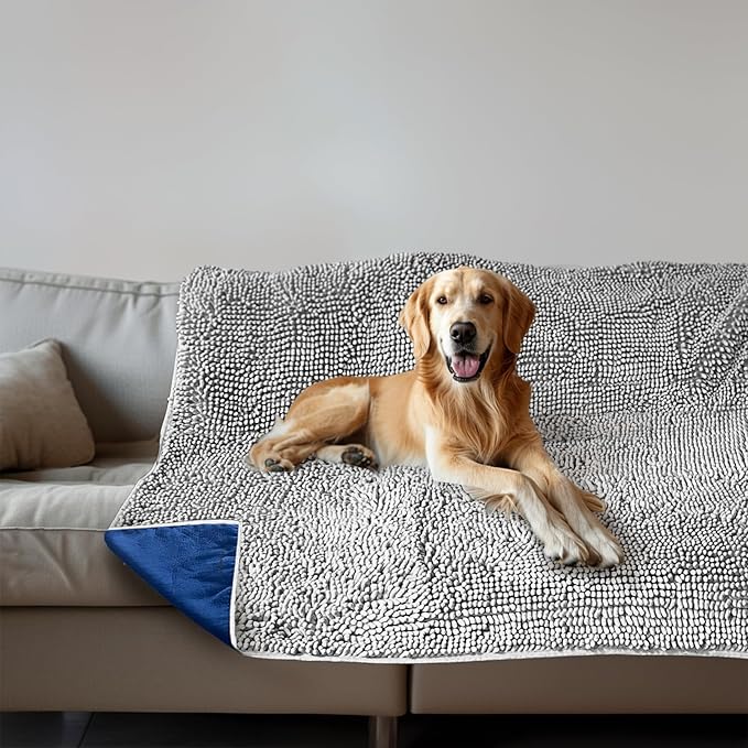 Muddy Mat® Dog Blanket - Chenille Water Absorption Blanket for Bed & Couch Cover for Dogs Washable, Anti-Slip Soft and Durable Furniture Protector for Dogs - Grey 48"x56"