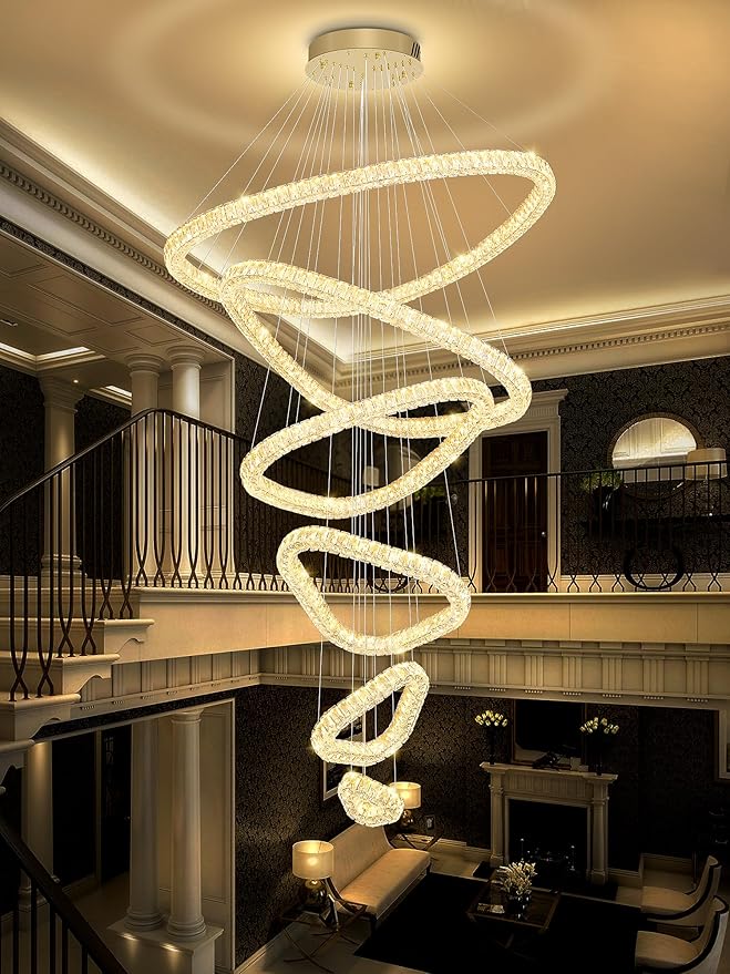 Flashing God Modern 6 Ring Crystal Chandeliers for High Ceiling Large Foyer Chandeliers LED Dimmable Crystal Ceiling Light Fixtures for Entryway Living Room Staircase Gold