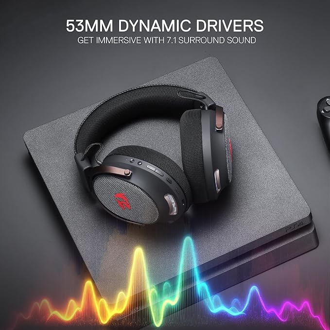 Redragon H858 3-Mode Wireless Gaming Headset, 7.1 Surround Sound, 53 mm Drivers, Memory Foam Ear Pads, Detachable Noise-canceling Microphone, Over-Ear Headphones Works for Phone, PC/PS5/NS, Black