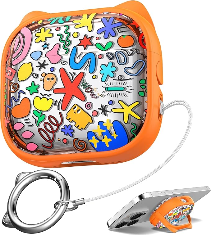 for AirPods 4 Case with Cleaning Kit, Cute Cat Ear Print Design & Cute Buckle, Inverted Phone Holder Design, Top Safe Lock Buckle Design, for Girls AirPods 4 case 2024, Orange Seaworld
