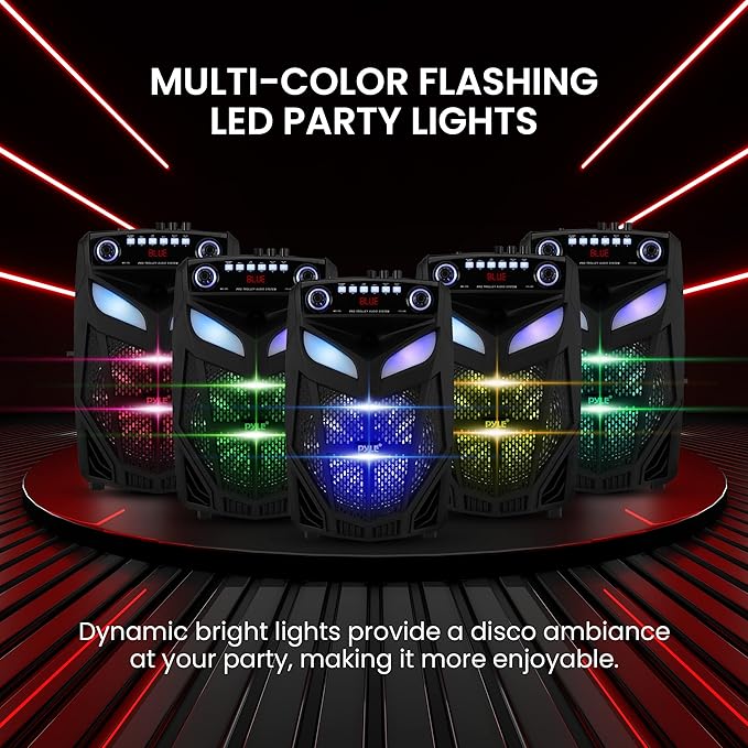 Portable Bluetooth PA Speaker System - 600W 10” Outdoor BT Speaker - Includes 2 Wireless Microphones, Party Lights, USB SD Card Reader, FM Radio, Rolling Wheels - Remote Control - Pyle PPHP101WMB